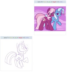 Size: 530x567 | Tagged: safe, imported from derpibooru, cheerilee, trixie, twilight sparkle, exploitable meme, female, heart, juxtaposition, juxtaposition win, lesbian, meme, shipping, surprised, trixilee