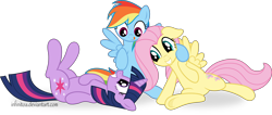 Size: 9698x4124 | Tagged: safe, artist:infinitoa, imported from derpibooru, fluttershy, rainbow dash, twilight sparkle, pegasus, pony, unicorn, absurd resolution, boop, female, floppy ears, flutterdash, flutterdashtwi, lesbian, mare, on back, polyamory, shipping, simple background, sitting, tongue out, transparent background, twidash, twishy, unicorn twilight, vector