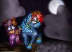 Size: 1024x745 | Tagged: safe, artist:talentlessash, imported from derpibooru, rainbow dash, scootaloo, batman, superhero