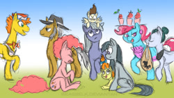 Size: 1024x578 | Tagged: safe, artist:weasselk, imported from derpibooru, carrot cake, cloudy quartz, cup cake, igneous rock pie, limestone pie, marble pie, pinkie pie, pound cake, pumpkin cake, carrot cup, family, female, male, pie family, pie sisters, quartzrock, shipping, sisters, straight