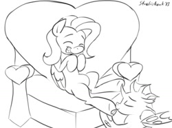 Size: 915x680 | Tagged: safe, artist:strebiskunk, imported from derpibooru, fluttershy, oc, oc:vesairus, changeling, black and white, fetish, flutterus, grayscale, hoof fetish, hoof licking, hoof tickling, licking, monochrome, tickling