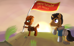 Size: 2400x1500 | Tagged: safe, artist:cosmonaut, imported from derpibooru, oc, oc only, oc:the fawn, oc:the knight, pony, birthday, fantasy class, fawn, flag, knight, male, portrait, scenery, stallion, warrior