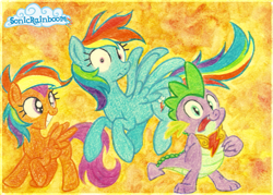 Size: 785x561 | Tagged: safe, artist:sonicrainboomz, imported from derpibooru, rainbow dash, scootaloo, spike, element of loyalty, traditional art