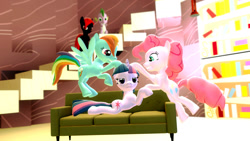 Size: 1191x670 | Tagged: safe, artist:egstudios93, imported from derpibooru, pinkie pie, rainbow dash, spike, twilight sparkle, oc, dragon, pegasus, pony, unicorn, 3d, black and white, couch, female, gmod, grayscale, library, male, mare, petting