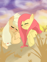 Size: 1200x1600 | Tagged: safe, artist:misspolycysticovary, imported from derpibooru, applejack, fluttershy, appleshy, blushing, female, lesbian, missing accessory, resting, shipping, sunset