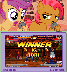 Size: 751x800 | Tagged: safe, imported from derpibooru, babs seed, scootaloo, exploitable meme, gamer babs, gamer scoot, king of fighters, meme, obligatory pony, snk, tv meme, video game