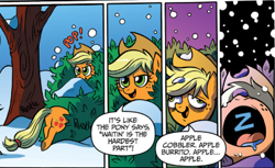 Size: 398x244 | Tagged: safe, idw, imported from derpibooru, applejack, spoiler:comic, butt, derp, plot, sleeping, snow, snowfall, zzz