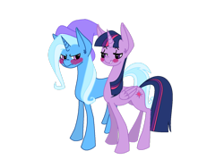 Size: 1024x768 | Tagged: dead source, safe, artist:alexcreations, artist:ceciliacrow, imported from derpibooru, trixie, twilight sparkle, alicorn, pony, unicorn, blushing, duo, female, lesbian, mare, shipping, simple background, transparent background, twilight sparkle (alicorn), twixie