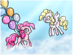 Size: 812x612 | Tagged: safe, artist:flarities, imported from derpibooru, pinkie pie, surprise, balloon, cloud, cloudy, then watch her balloons lift her up to the sky