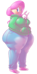 Size: 1024x2048 | Tagged: safe, artist:secretgoombaman12345, imported from derpibooru, angel bunny, fluttershy, human, rabbit, ass, bbw, blushing, chubby, clothes, cute, fat, fattershy, hoodie, humanized, jeans, wide hips