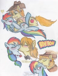 Size: 2340x3048 | Tagged: dead source, safe, artist:enigmaticfrustration, imported from derpibooru, braeburn, rainbow dash, earth pony, pegasus, pony, braedash, female, kissing, male, shipping, straight, text, traditional art