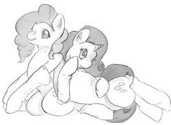 Size: 1280x932 | Tagged: safe, artist:spacevibrations, imported from derpibooru, pinkie pie, rarity, clothes, female, lesbian, monochrome, raripie, shipping, socks