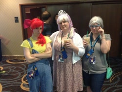 Size: 1280x960 | Tagged: artist needed, source needed, safe, imported from derpibooru, apple bloom, diamond tiara, silver spoon, human, convention, cosplay, irl, irl human, overalls, photo, trotcon