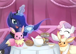 Size: 1400x990 | Tagged: safe, artist:jinzhan, imported from derpibooru, princess luna, sweetie belle, alicorn, eevee, flareon, pony, unicorn, cookie, cupcake, cute, drink, happy, magic, plate, pokémon, smiling, tea, tea party, telekinesis