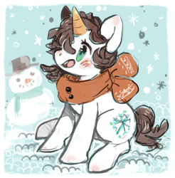 Size: 465x473 | Tagged: safe, artist:mi-eau, imported from derpibooru, oc, oc only, carrot, clothes, scarf, snow, snowfall, snowman, solo