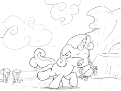 Size: 2400x1800 | Tagged: safe, artist:dtcx97, imported from derpibooru, apple bloom, scootaloo, sweetie belle, crab, beach, cutie mark crusaders, lineart, monochrome, nose pinch, pointy ponies, sweetie fighting a tiny crab