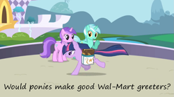 Size: 1013x566 | Tagged: safe, edit, edited screencap, imported from derpibooru, screencap, amethyst star, lyra heartstrings, sparkler, twilight sparkle, friendship is magic, book, greeting, greetings, insane pony thread, running, tumblr, walmart, waving