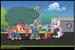 Size: 6851x4597 | Tagged: safe, artist:starbolt-81, imported from derpibooru, apple bloom, scootaloo, sweetie belle, absurd resolution, artificial wings, augmented, clothes, cutie mark crusaders, jet, necktie, older, runway, suit, tech, wings