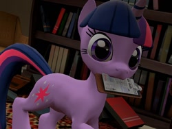 Size: 1024x768 | Tagged: safe, imported from derpibooru, twilight sparkle, 3d, bookshelf, clipboard, curious, cute, gmod, mouth hold