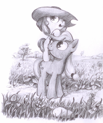 Size: 879x1053 | Tagged: safe, artist:cannibalus, imported from derpibooru, apple bloom, applejack, accessory swap, grayscale, monochrome, sisters, traditional art