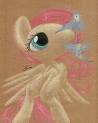 Size: 820x1024 | Tagged: safe, artist:getchanoodlewet, imported from derpibooru, fluttershy, bird, female, solo, traditional art