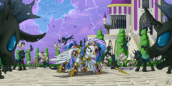 Size: 2000x1000 | Tagged: safe, artist:1jaz, imported from derpibooru, oc, oc:blitzstar, changeling, pegasus, pony, armor, army, battlefield, canterlot, epic, fight, guardsmare, royal guard, shield, spear, weapon