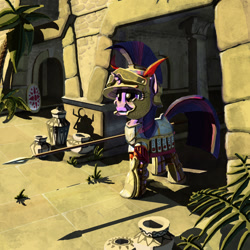 Size: 1000x1000 | Tagged: safe, artist:lordgood, imported from derpibooru, twilight sparkle, ancient ruins, armor, carthage, female, solo, spear, weapon