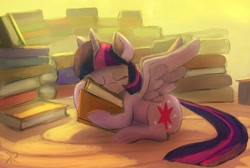 Size: 1200x805 | Tagged: safe, artist:grissaecrim, artist:raikoh, imported from derpibooru, twilight sparkle, alicorn, pony, backlighting, bibliophile, book, cargo ship, female, hug, mare, pile, shipping, sitting, solo, that pony sure does love books, twibook, twilight sparkle (alicorn)