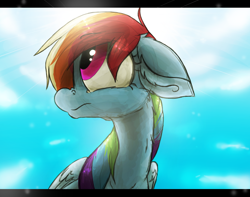 Size: 1040x820 | Tagged: safe, artist:the--cloudsmasher, imported from derpibooru, rainbow dash, cloud, cloudy, female, floppy ears, fluffy, frown, lens flare, looking up, sky, solo, sun, sun glare