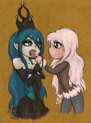 Size: 1195x1613 | Tagged: safe, artist:phantasmicdream, imported from derpibooru, queen chrysalis, oc, oc:fluffle puff, arm warmers, clothes, crown, dress, elf ears, eyeshadow, fangs, humanized, jewelry, long sleeves, looking at each other, makeup, open mouth, regalia, shirt, tongue out