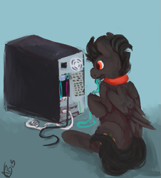 Size: 779x863 | Tagged: safe, artist:weepysheep, imported from derpibooru, oc, oc only, pegasus, pony, commission, computer, dark pumpkin, dell, optiplex, solo