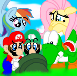 Size: 800x787 | Tagged: safe, artist:yoshachu, imported from derpibooru, fluttershy, rainbow dash, yoshi, crossover, flutteryoshi, luigi, luigidash, luigishy, maridash, mario, marioshy, nintendo, super mario bros., yoshilight