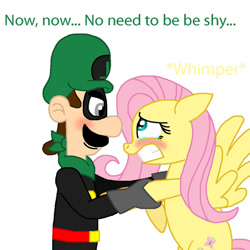 Size: 900x900 | Tagged: safe, artist:yoshachu, imported from derpibooru, fluttershy, blushing, crack shipping, crossover, crossover shipping, crying, dialogue, downvote bait, luigi, luigishy, mr. l, nintendo, paper mario, scared, shipping, super mario bros., super paper mario, wat, whimpering