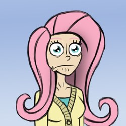 Size: 800x800 | Tagged: safe, artist:invaderkwin, imported from derpibooru, fluttershy, human, .mov, dress.mov, clothes, female, hotdiggedydemon, humanized, pony.mov, solo, sweater, sweatershy