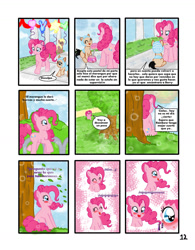 Size: 1024x1316 | Tagged: safe, artist:reina-del-caos, imported from derpibooru, pinkie pie, oc, bubble berry, cake, comic, laughing, rule 63, sitting, spanish, tree