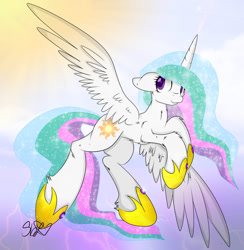 Size: 883x905 | Tagged: safe, artist:cinnamonh3artz, imported from derpibooru, princess celestia, female, flying, solo