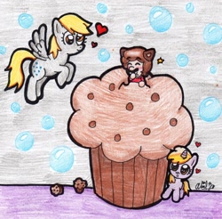 Size: 1024x1006 | Tagged: safe, artist:babyabbiestar, imported from derpibooru, derpy hooves, dinky hooves, pegasus, pony, bubble, crossover, female, giant muffin, heart, mare, mario, micro, muffin, nintendo, super mario bros., traditional art