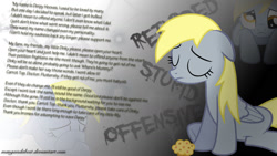 Size: 1600x904 | Tagged: safe, artist:mangaisdabest, imported from derpibooru, derpy hooves, abuse, derpybuse, derpygate, disembodied thoughts, feels, female, muffin, sad, save derpy, solo, text, wallpaper