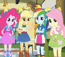 Size: 400x350 | Tagged: safe, imported from derpibooru, screencap, applejack, fluttershy, pinkie pie, rainbow dash, equestria girls, equestria girls (movie), ears, female, smiling, thumbs up, wondercolts