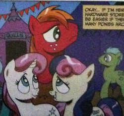 Size: 356x333 | Tagged: safe, idw, imported from derpibooru, big macintosh, bon bon, sweetie drops, twinkleshine, earth pony, pony, spoiler:comic, spoiler:comic09, lip bite, male, stallion