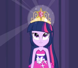 Size: 400x350 | Tagged: safe, imported from derpibooru, screencap, twilight sparkle, equestria girls, equestria girls (movie), big crown thingy, crown, fall formal outfits, female, looking up, smiling, solo