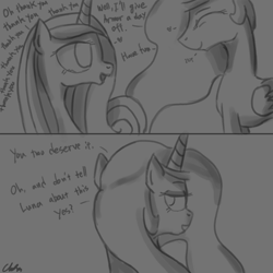 Size: 1024x1024 | Tagged: safe, artist:cs, imported from derpibooru, princess cadance, princess celestia, comic:day-off, comic, monochrome