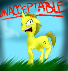 Size: 877x911 | Tagged: safe, artist:insanity-in-corpse, imported from derpibooru, pony, unicorn, adventure time, cross-popping veins, floppy ears, lemongrab, male, ponified, raised hoof, solo, stallion, unacceptable, yelling