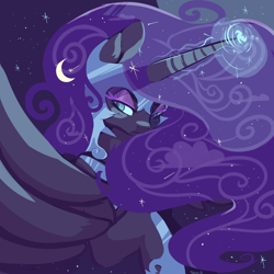 Size: 1200x1200 | Tagged: safe, artist:clockworkquartet, imported from derpibooru, nightmare moon, female, glow, glowing, long mane, magic, solo