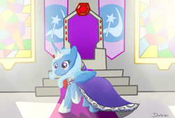 Size: 1600x1080 | Tagged: safe, artist:dashermkii, imported from derpibooru, trixie, alicorn, pony, alicornified, clothes, dress, female, happy, race swap, solo, throne, trixiecorn