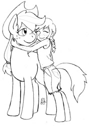 Size: 1062x1500 | Tagged: safe, artist:dj-black-n-white, imported from derpibooru, applejack, oc, oc:cinnamon cider, satyr, daughter, filly, freckles, hug, monochrome, mother, mother and daughter, offspring, parent:applejack