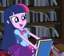 Size: 400x350 | Tagged: safe, imported from derpibooru, screencap, twilight sparkle, equestria girls, equestria girls (movie), book, cute, excited, female, happy, solo, that pony sure does love books, twiabetes, twilight fuel, yearbook