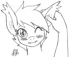 Size: 1500x1131 | Tagged: safe, artist:dj-black-n-white, imported from derpibooru, oc, oc only, oc:midnight blossom, bat pony, human, pony, blushing, cute, ear scratch, fangs, monochrome