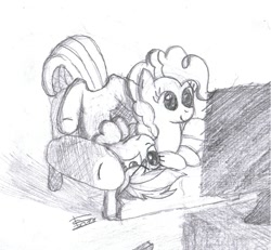 Size: 874x807 | Tagged: safe, artist:crade, imported from derpibooru, pinkie pie, rainbow dash, monochrome, television