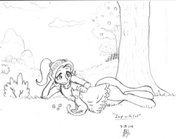Size: 1500x1185 | Tagged: safe, artist:dj-black-n-white, imported from derpibooru, oc, oc only, oc:ivy, cat, satyr, cloud, cloudy, flower, grass, monochrome, mountain, offspring, parent:fluttershy, solo, tree